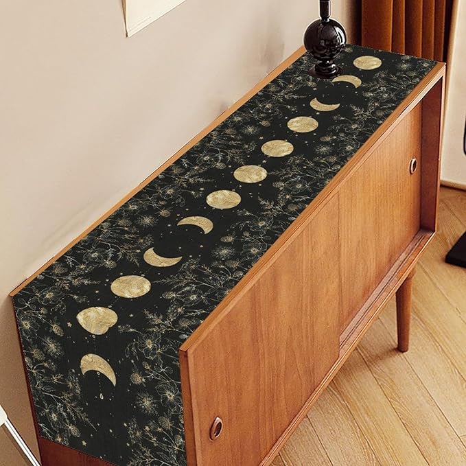 Floral Moon Table Runner, Boho Gothic Spring Flower Gold Moon Phase Seasonal Garden Mystical Coffee Table Center Decor for Family Kitchen and Living Outdoor Farmhouse Table Decorations, 13"x108"