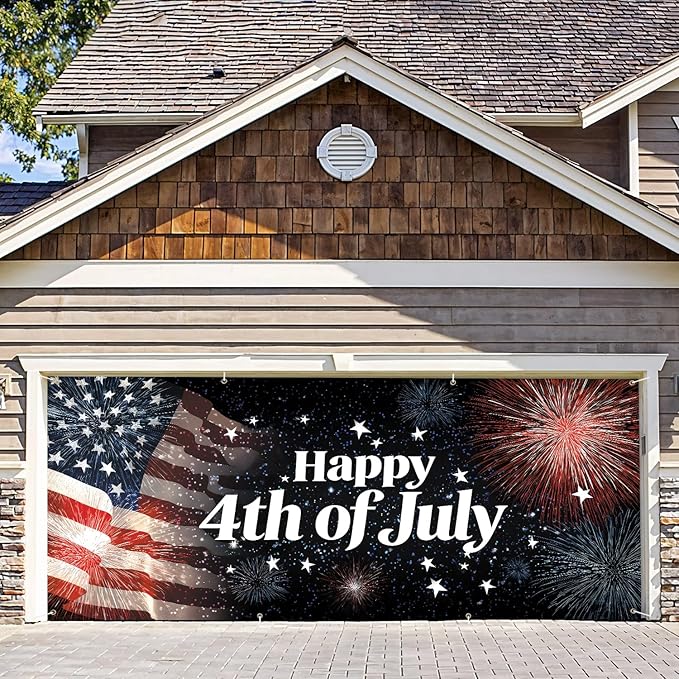 6 * 13FT Summer happy 4th of july Garage Door Cover Decorations Sunset Palm Trees Garage Door Banner for Outdoor Indoor Summer Party Photography Backdrop