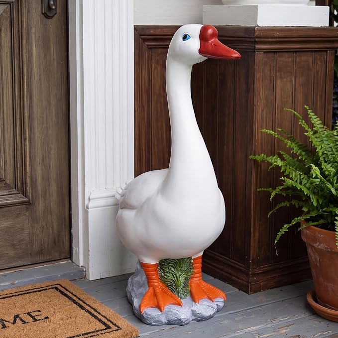 Porch Goose Statue - 19.5" Garden Resin Goose Decorative Figurine Duck Sculpture for Outdoor Indoor Patio Lawn Decor Gift for Women Mom