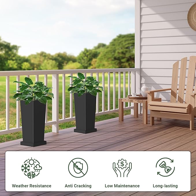 Metal Tall Outdoor Planters Set of 2, 18 inch Durable Tall Planters with Rust-Proof Coating & Drainage Insert Shelve & Trays, Black Outdoor Planters for Porch, Garden, Patio, Yard