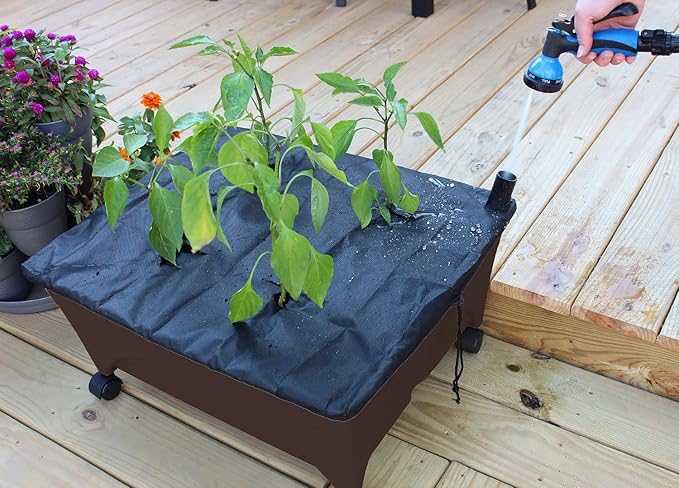 Emsco Group 2345 City Raised Bed Grow Box – Self Watering and Improved Aeration – Mobile Unit with Casters Picker, Earth Brown