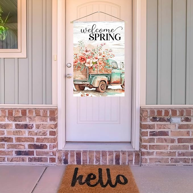 Spring Flags 28"x40" Double Sided Welcome Floral Truck Spring House Flag Burlap Yard Garden Banner for Outdoor Porch Decoration