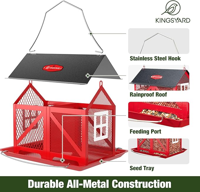 Kingsyard Metal Bird Feeder for Outdoors Hanging, 2-in-1 Wild Bird Feeder with Seed Tray & Built-in Perch, 5 lb Large Capacity for Cardinal Chickadee Finch, Red
