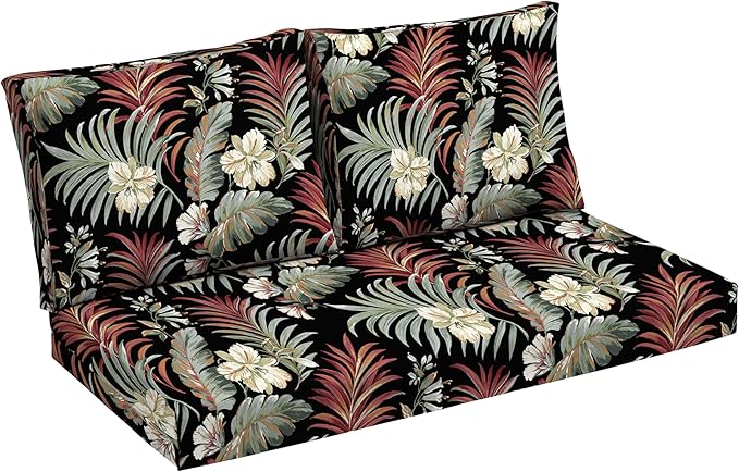 Arden Outdoor Loveseat Cushion Set, 48 x 24, Rain-Proof, Fade Resistant, Cushion Set for Couch, Bench, and Swing Simone Black Tropical