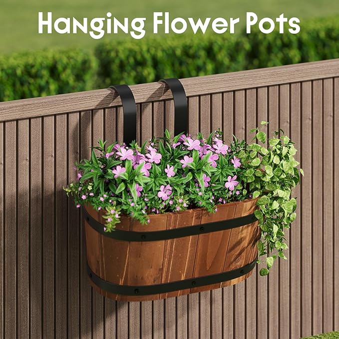 Hanging Wooden Flower Pots, Railing Planter for Any Balcony, Porch or Deck Countryside Style with Detachable Hooks for Garden Yard Home Decor (Brown)