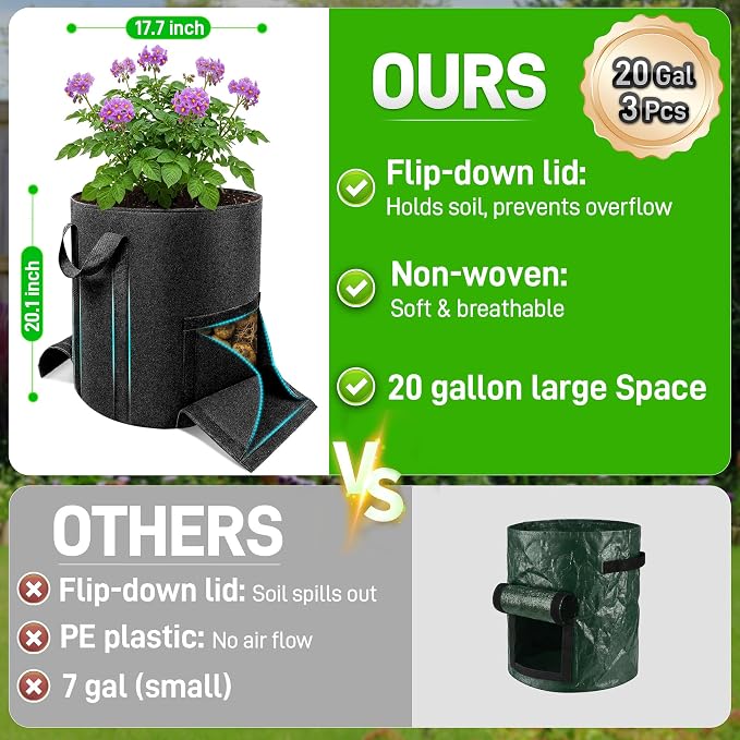 Mulctun 3Pcs 20 Gallon Potato Grow Bags, Grow Bags with Harvest & Visible Windows,Potato Bags for Growing Potatoes with Sturdy Handles,Potato Growing Containers for Growing Potatoes Vegetables