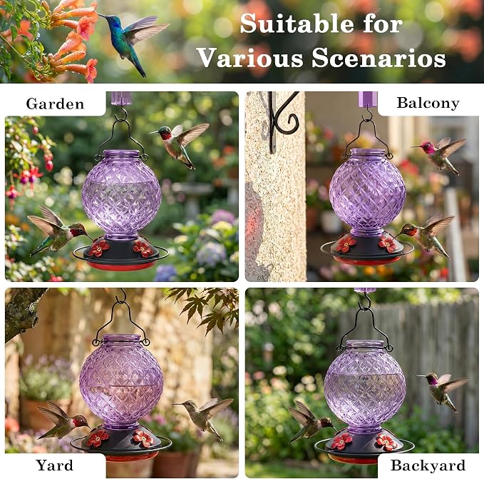 25 OZ Glass Hummingbird Feeder for Outdoors, Leak Proof Hummingbird Feeder with Ant Moat, 4 Bee Resistant Feeding Ports, Easy Clean Wide Mouth Design, 360° Perch, Purple