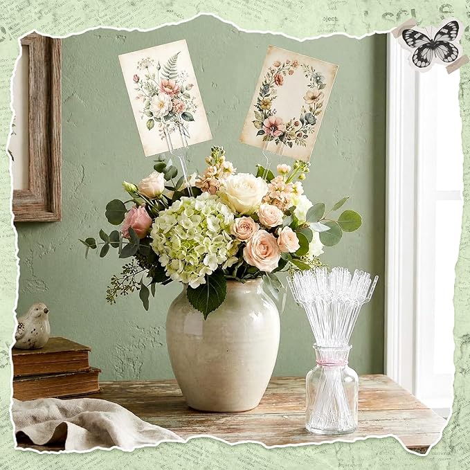 Patelai 500 Pcs Floral Picks Cardholder 9.4 Inch Plastic Transparent Fork Shaped Straight Head Flower Pick Card Clips for Bouquet Floral Photo Cake Wedding Birthday Party Decoration