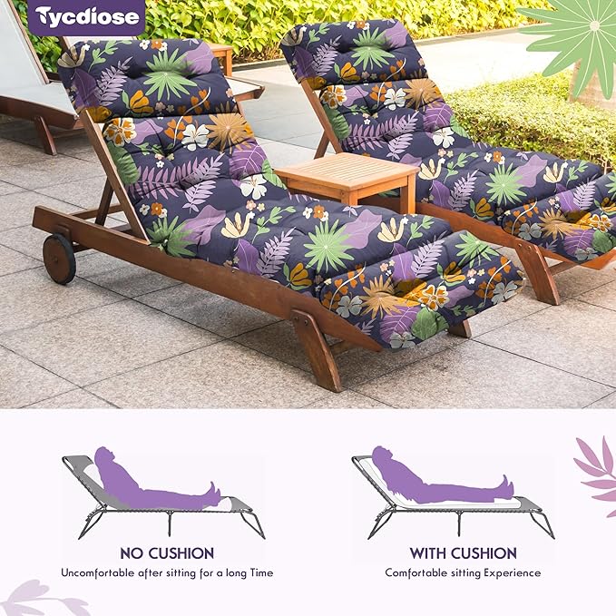 Outdoor Chaise Lounge Chair Cushion Set of 4, Waterproof 74.4 x 22 x 4.7 Inches Memory Foam Thickened Lounge Chair Cushions Replacement for Outdoor Furniture with Ties, Purple Floral Leaf