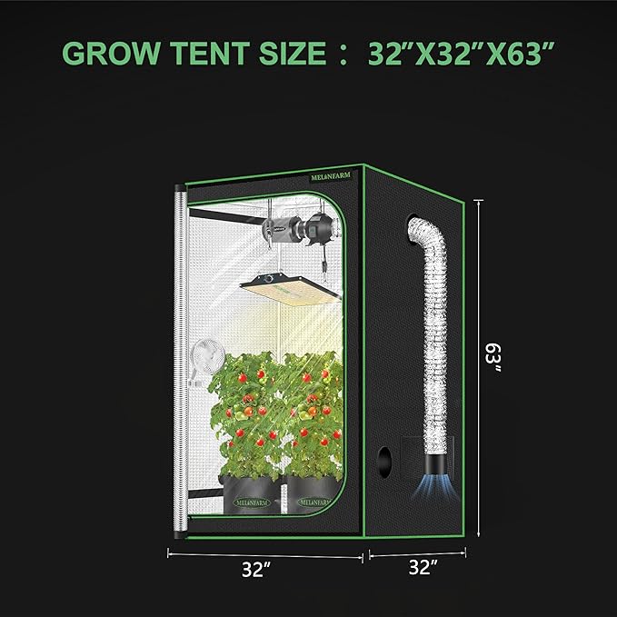 MELONFARM 32"x32"x63'' Grow Tent, High Reflective 600D Diamond Mylar Canvas with Observation Window and Floor Tray for Hydroponic Indoor Plant Growing