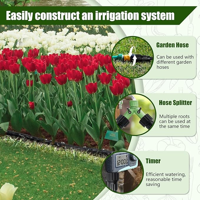 Soaker Hose 100FT, Thickened Flat Soaker Hoses For Garden 100 ft 2 pack, Drip Irrigation Hose Saves 80% Water, Leak-free Design Water Hose with Holes For Lawn, Flower Bed, Vegetable Field (50 FT x 2)