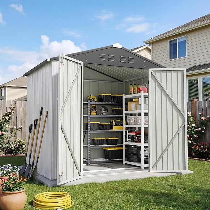 Patiowell 6x4 FT Outdoor Storage Shed with Floor Frame, Metal Garden Patio Sheds with Sloping Roof and Lockable Door, Waterproof Steel Tool Shed for Backyard Garden Lawn, White