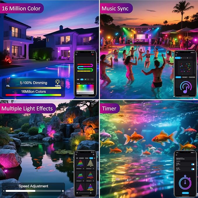 T-SUN Color Changing LED Pond Lights with Blueooth APP Control, IP68 Waterproof Submersible Underwater Pond Lights for Aquarium, Fish Tank, Pool, Garden, Yard Ponds (Set of 4)