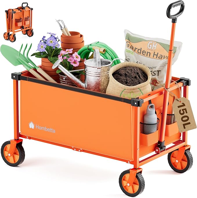 Collapsible Wagon Cart with Wheels, 150L Lightweight Foldable Utility Cart, Portable Rolling Wagon for Garden, Shopping, Sports, Camping, Transport, Tangerine