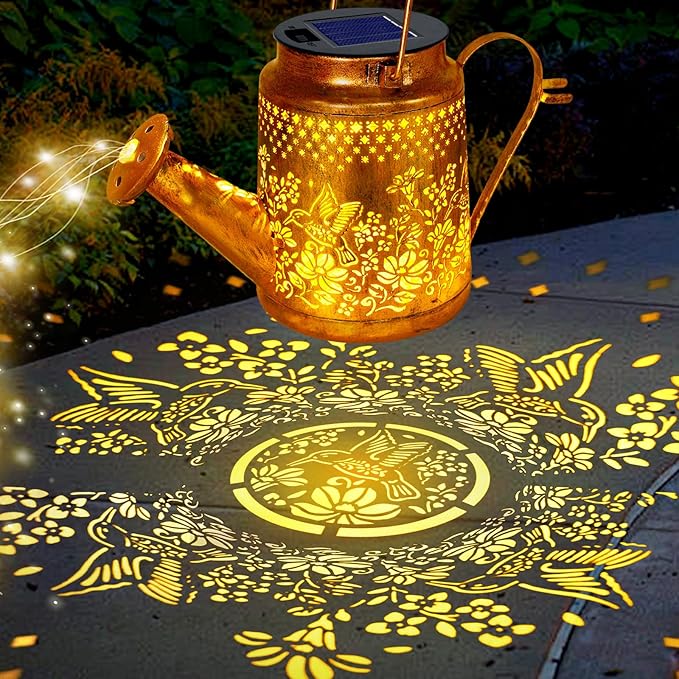 Solar Hummingbird Flowers Watering Can Lights, Gifts for Mom Grandma Women Wife Daughter Mother's Day, Waterproof Outdoor Garden Decor with Shepherd Hook, Hanging Lights for Yard Porch Backyard Patio