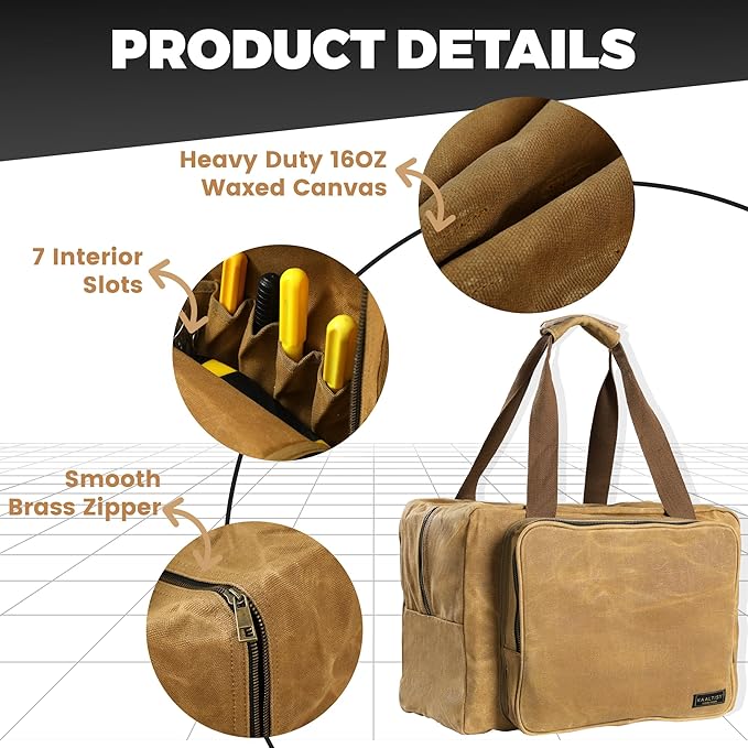 Tool Tote Bag - Large Capacity Tool Carrying Bag with 2 Zipper Pouches, Sustainable 16OZ Waxed Canvas Garden Tote for Gardening Set Hammer Fishing Gear Goggles - Khaki - 15.5"L x 7.5"W x 11.5"H