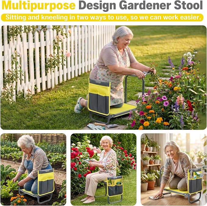 Garden Kneeler and Seat Heavy Duty, Foldable Gardening Stool Bench with Widened Thick Soft Kneeling Pad and Tool Pouches - 2-in-1 Portable Kneeling Device for Seniors (Yellow)