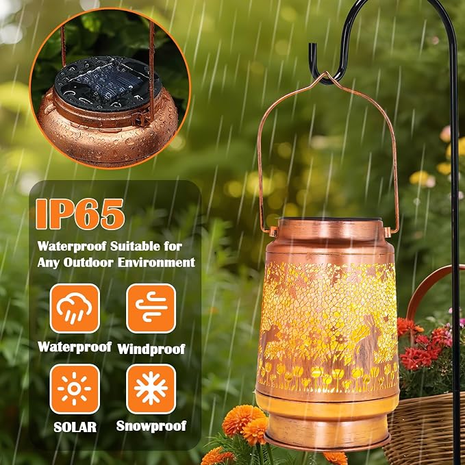 Rabbit Solar Lanterns Outdoor Waterproof - Metal Garden Decor for Outside, Hanging Bunny Lights for Patio Yard Porch Lawn, Animal Figurine Gift for Women Mom Grandma