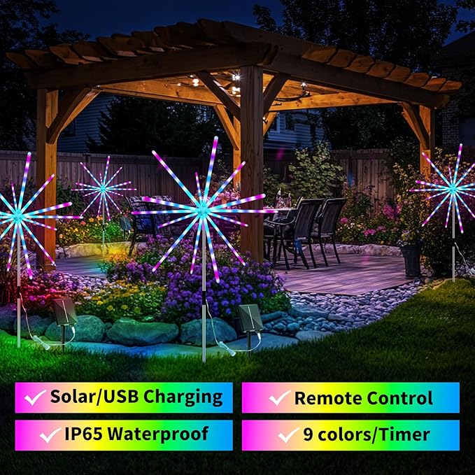 Solar Firework Lights Outdoor, 9 Colors 16 Modes Solar Garden Light Waterproof Solar Powered Starburst Light for Party Wedding Holiday Decoration Meteor Lights 2 Pack