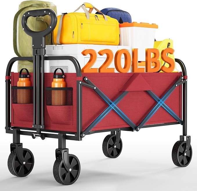 Garvee Wagons Carts Foldable, Garvee Utility Collapsible Wagon with All-Terrain Wheels, Drink Holders & Adjustable Handle, 220 LBS Portable Grocery Wagon for Shopping, Camping, Garden -Red