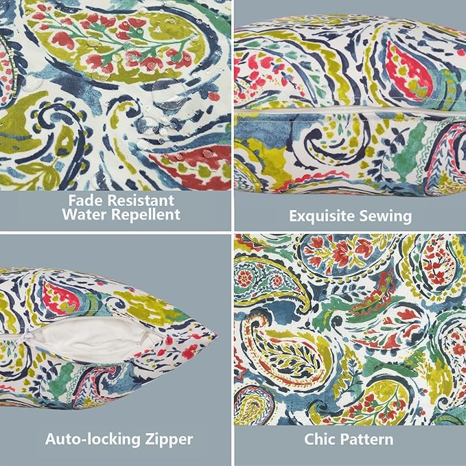 LVTXIII 2 Pack Outdoor Pillow Covers ONLY 18x18 Inch, Water-Repellent Square Decorative Cushion Covers for Patio Furniture, Garden, Sofa, Paradise Paisley