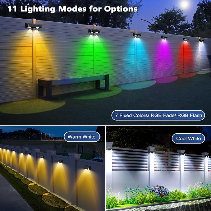 Brizled Solar Fence Lights Outdoor, 8 Pack Red White Blue Patriotic Outdoor Fence Lights 9 Colors & 11 Modes RGBCW Color Changing Solar Wall Lights, Waterproof Railing Lighting for July 4th Halloween