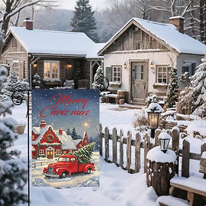 Merry Christmas Garden Flag 12x18 Inch Red Truck House Xmas Winter Holiday Seasonal Theme Decorative Yard Flags for Outside Double Sided Outdoor Home Farmhouse Decoration Porch Decor