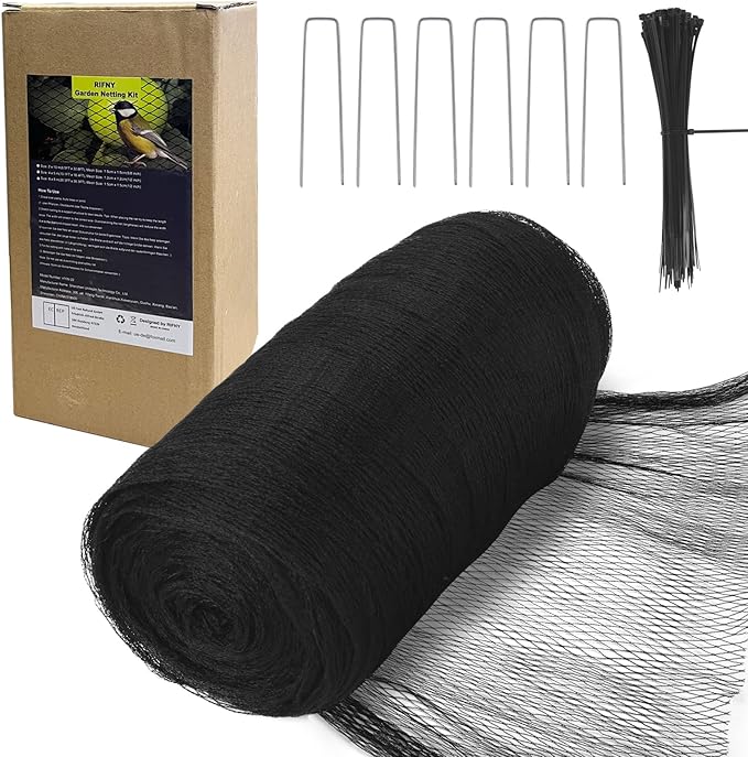 Bird Netting for Garden, 7.5 x 98 FT Heavy Duty Anti Bird Netting Mesh with Ties and Landscape Staples for Vegetable, Fruit Trees & Other Plants, Lasting Against Birds Deer Squirrels and Poultry