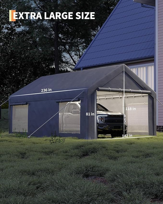 Carport Canopy, 12 x 20ft Garage Tent Shelter Tarp, Heavy-Duty Carport Canopy with Roll-Up Windows & Doors, Removable Sidewalls Car Canopy, Car Tent Waterproof for Cars, Boats, Trucks
