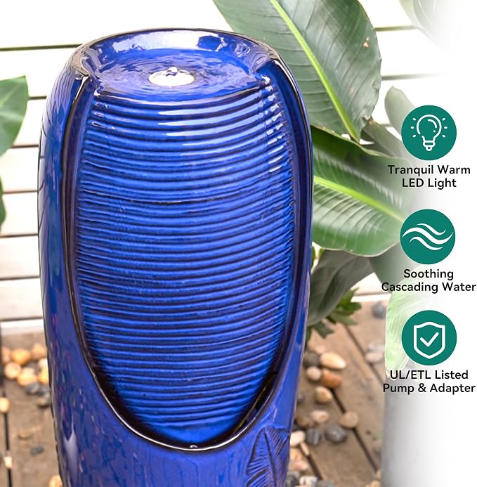 AUTODAYA 33" Tall Outdoor Garden Fountain with LED Lights, Modern Ceramic Jar Water Fountain, 3D Tropical Leaf Pattern, Cobalt Blue Glaze, Soothing Cascading Waterfall for Relaxing Patio, Yard, Porch