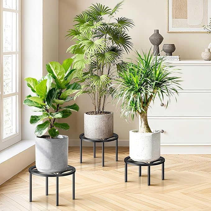 TOSKING 3-Pack Fully Assembled Heavy Duty Low Metal Plant Stand for Indoor & Outdoor – Original Geometric Flower Pot Holder for Heavy Potted Plant, Rustproof Iron Riser with Adjustable Feet, 200 LBS & 150 LBS, No Installation, Black (10.24" & 8.66" Dia)