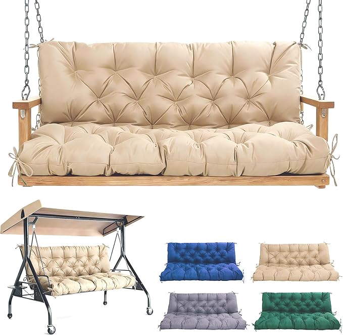 Porch Swing Cushions 60 Inch,Waterproof Patio 2 3 Seater Replacement for Outdoor Furniture with Backrest&Strap,Thick 4" Swing Seat Cushion for Loveseat Garden Glider Bench Lawn Backyard,Khaki