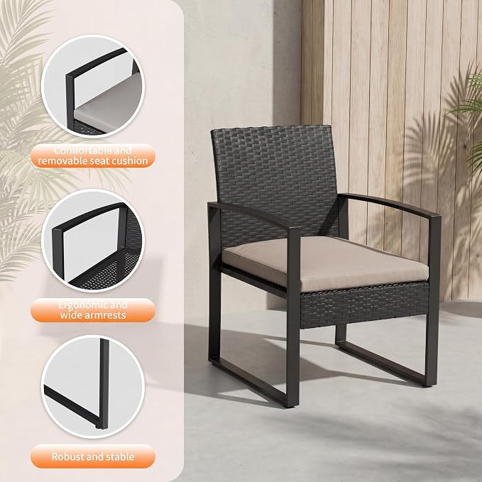 Garvee 3 Pieces Patio Bistro Set, PE Rattan Patio Conversation Set with Tempered Glass Coffee Table, Outdoor Wicker Furniture for Patio Garden Balcony Backyard, Black and Grey