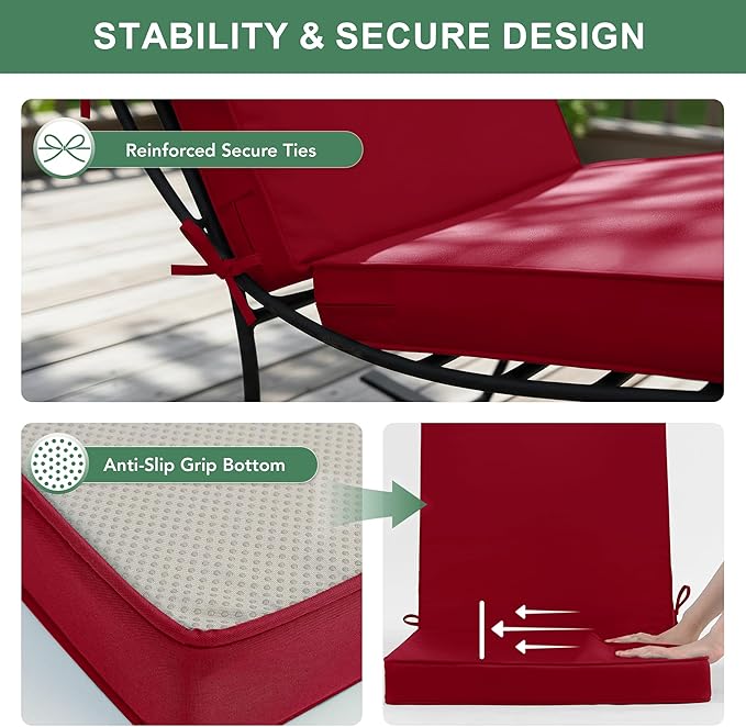 Summsun Patio Dining Seat Cushions, High Back Outdoor Chair Cushion with Water Resistant Removable Covers, Ties, Non-Slip Bottom for Garden Lawn Patio Furniture, 44 x 20 Inch, Burgundy, Set of 2
