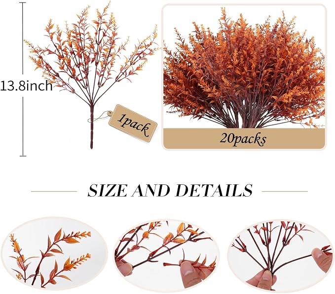 RECUTMS Faux Greenery Fake Lavender Fall Plants 20Pcs Fade Resistant Outdoor Flowers Faux Autumn Plants Fake Flowers Bulk Artificial Greenery for Porch Office Bathroom Fall Party Decorations (Brown)