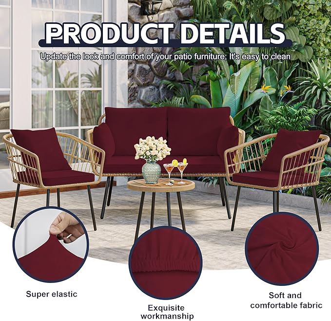 12Pcs Patio Cushion Covers,Outdoor Cushions Covers,Stretch Cushion Covers Replacement, Washable and Reusable Furniture Protectors(Wine Red)
