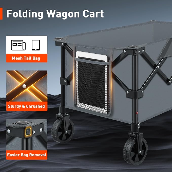 Collapsible Foldable Wagons with Wheels, Lightweight Wagon Cart with Large Capacity for Grocery,Gardening,Camping,Shopping,Grey
