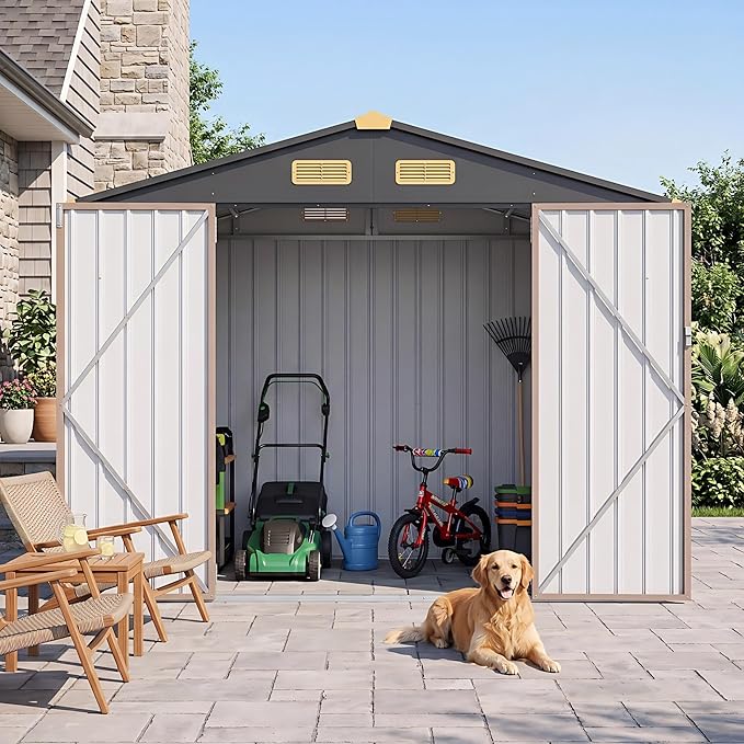 IRONCK 6×8 FT Shed, Galvanized Steel Tool Storage Shed with Lockable Double Doors & Ventilation, Outdoor Utility Storage for Wheelbarrow, Bikes, Yard Bins, Black Brown