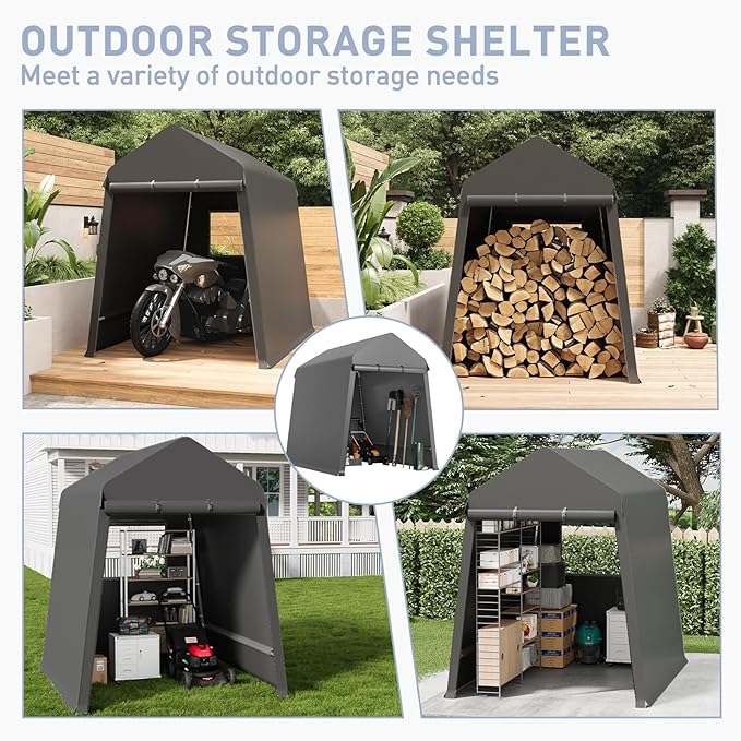 6X8FT Heavy-Duty Portable Outdoor Shelter Shed - Waterproof UV-Resistant Carport with Roll-Up Zipper Doors & Vents, Anti-Snow Motorcycle Garage Tent, Black