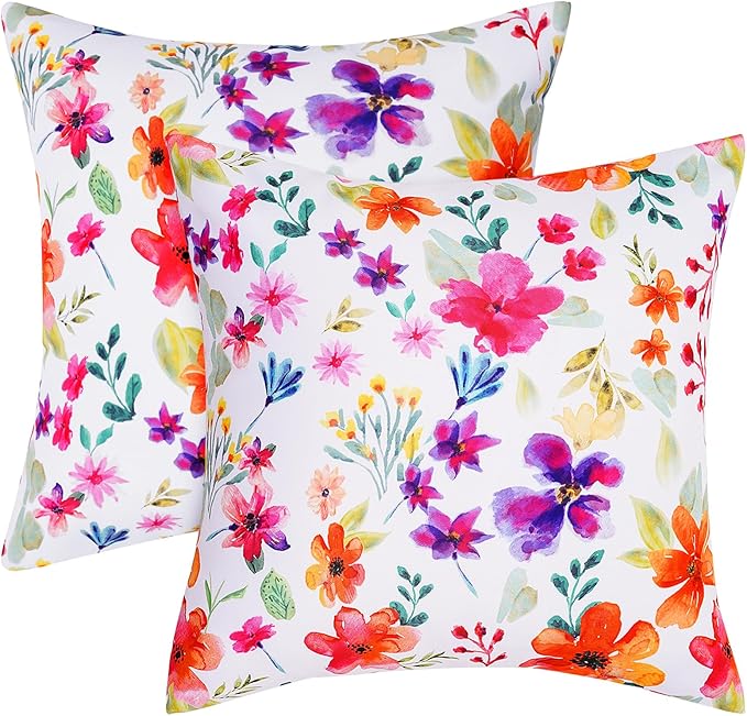 SquarePie Outdoor Pillow Covers 18x18 Inch Set of 2 - Waterproof Colorful Flowers Cushion Covers for Patio Garden Furniture, Watercolor Bloom Floral Decorative Throw Pillow Cases for Couch Sofa Bench