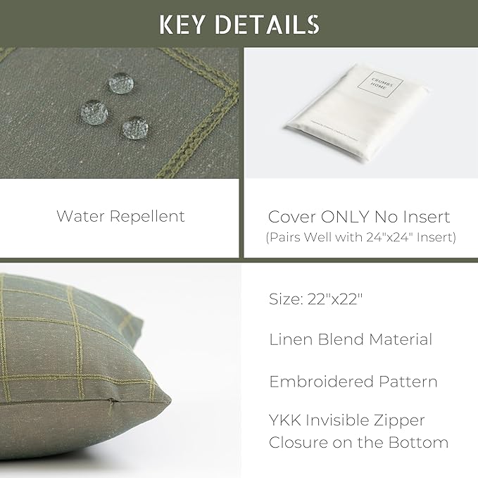 Crumbs Home Modern Farmhouse Fall Linen Indoor Outdoor Throw Pillow Cover Only, 22"x22" Water Repellent for Patio, Backyard, Couch, Oliver Green Plaid