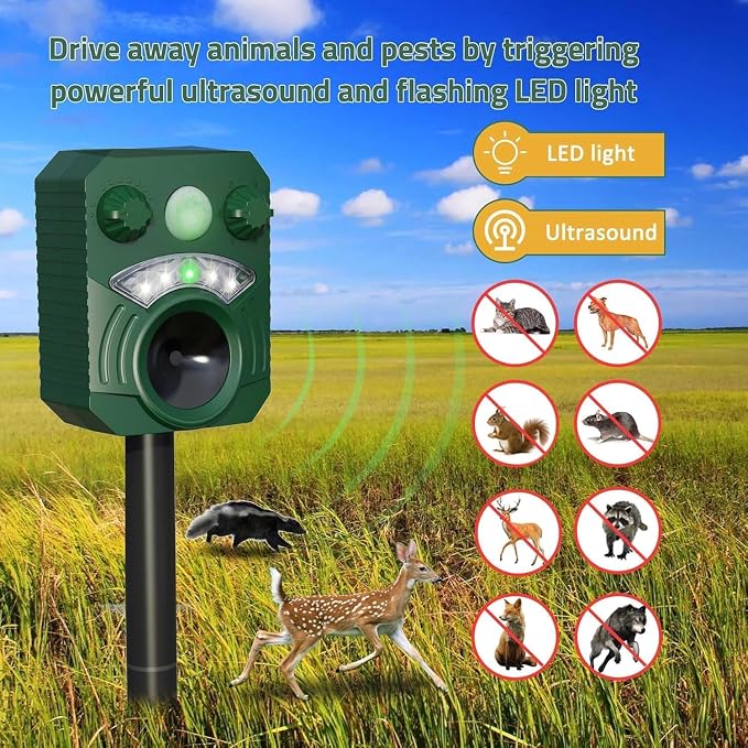 2 Pack Cat Repellent Outdoor Deer Repellent Device Dog Repeller Solar Animal Repellent Ultrasonic Squirrel Repeller Waterproof Racoon Fox with Motion Activated Sensor Flashing Light (Green)
