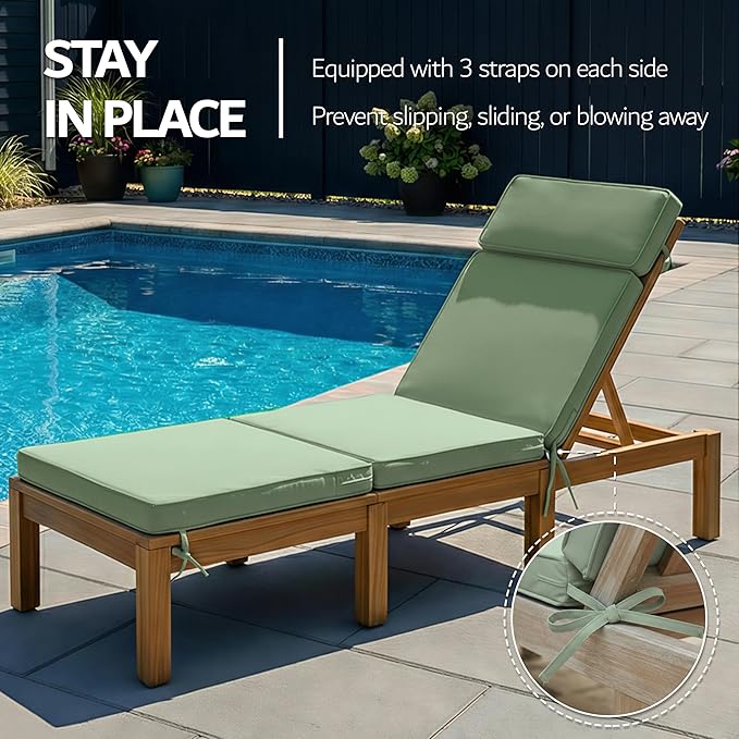72 x 21 Inch Outdoor Chaise Lounge Cushions Set of 2 - Removable Cover, 4-Section Design, Water-Repellent & Fade-Resistant, 6 Tie Straps, Replacement for Patio & Pool Chairs - Sage Green