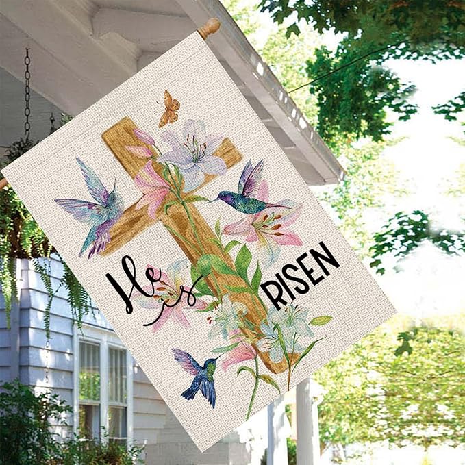 Easter Garden Flag Religious Cross Christian He is Risen Flower 28 x 40 Inch Burlap Double Sided Vertical Holiday Seasonal Spring Farmhouse Yard Outdoor Decorations