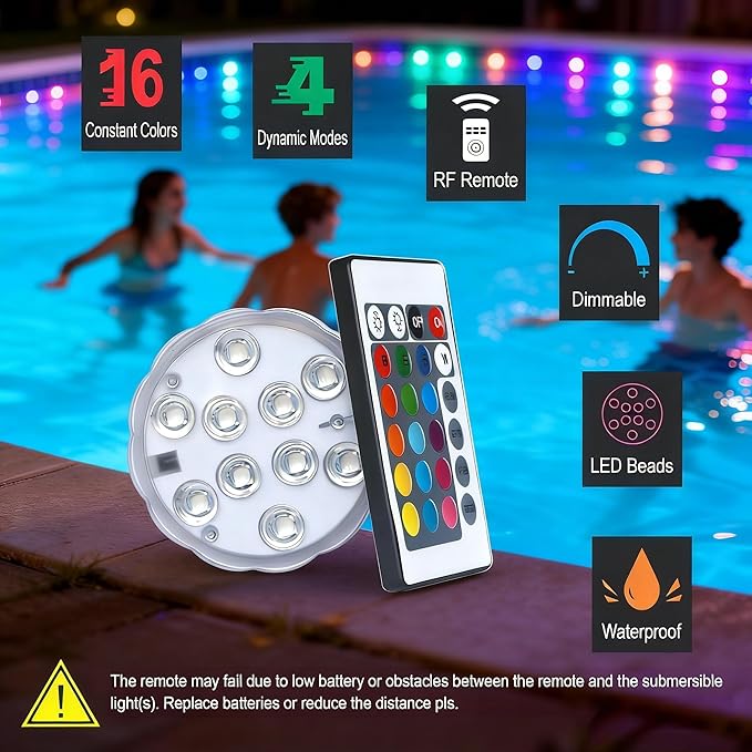 POLENTAT Submersible LED Lights with Remote, 16 Colors 4 Modes Battery Powered Waterproof LED Pool Lights for Inground Pool Above Ground Pool Bathtub Decoration (4-Pack)