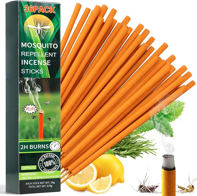 36 Pack Mosquito Incense Sticks for Outdoor Patio Backyard Indoors Camping Travel Yoga, DEET Free Mosquito Repellent Sticks Safe for Kids Pets, Long-Lasting 2-Hour Burn Time,Orange