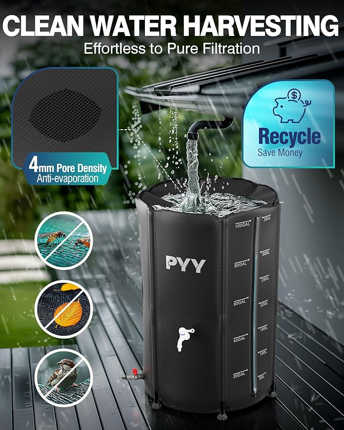 PYY Rain Water Collection Barrel - 100 Gallon Black Large Water Storage Tank with Spigots, Portable Rain Catcher to Collect Rainwater from Gutter, Plastic Rain Catchment System with Collapsible Bucket