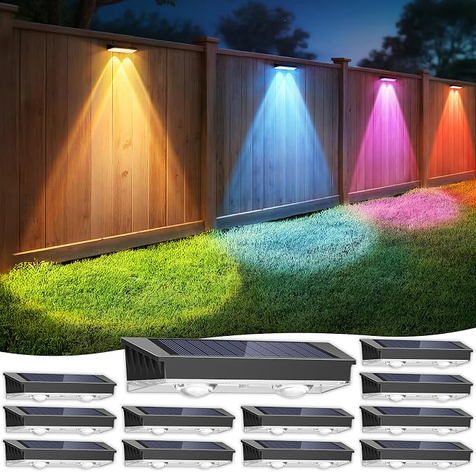 Solar Fence Lights Outdoor 12 Pack, 7 Fixed Colors & Color Changing Fence Lights Solar Powered, IP65 Waterproof Backyard Decoration for Patio, Deck, Pool, Step