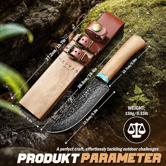 Freelander Compact Fixed Blade Knife 5.3 Inch – Damascus Steel EDC Knife with Wooden Sheath & Handle, Small Camping Knife for Outdoor, Bushcraft, Gift for Men