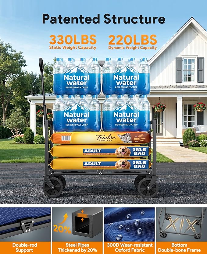 Wagons Carts Foldable, Collapsible Wagon Cart Foldable, 220LBS Heavy Duty Folding Wagon Carts with Wheels, Portable Utility Cart for Grocery Sports Garden Shopping Camping, Blue